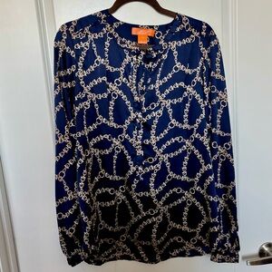 Joe Fresh Blue and Gold Chain Long Sleeve Buttoned Blouse with Mandarin Collar
